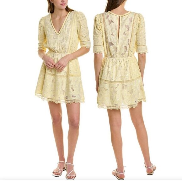 LoveShackFancy Jobelle Crochet-Trimmed Broderie Anglaise Mini Dress in Yellow - Picture 2 of 10